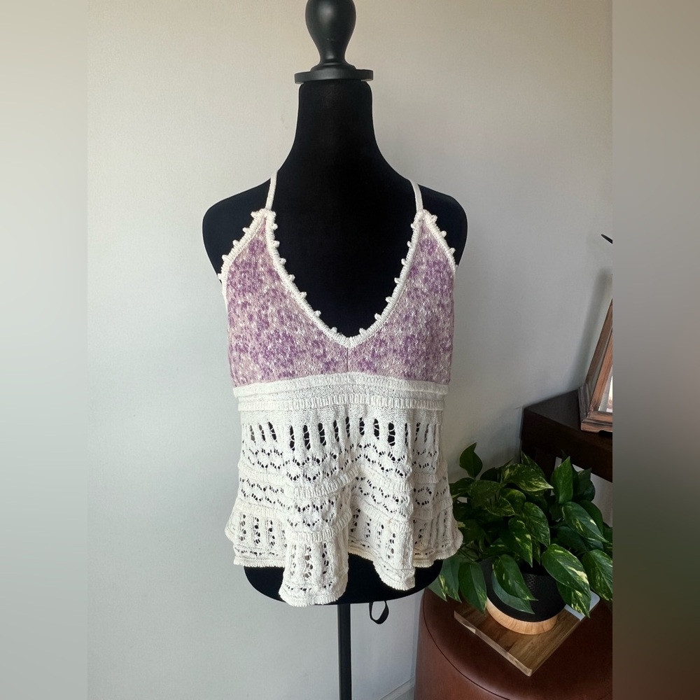 Flint and Moss Boho Crochet Knit Purple and Cream V-Neck Tank Top
